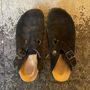 Black suede Birkenstock clogs
